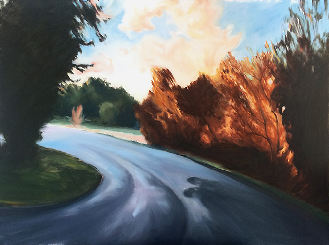 Peinture à l'huile représentant une route entourée d'arbres